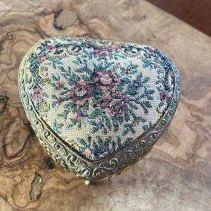 Antique Needlepoint Heart Shaped Jewelry Box